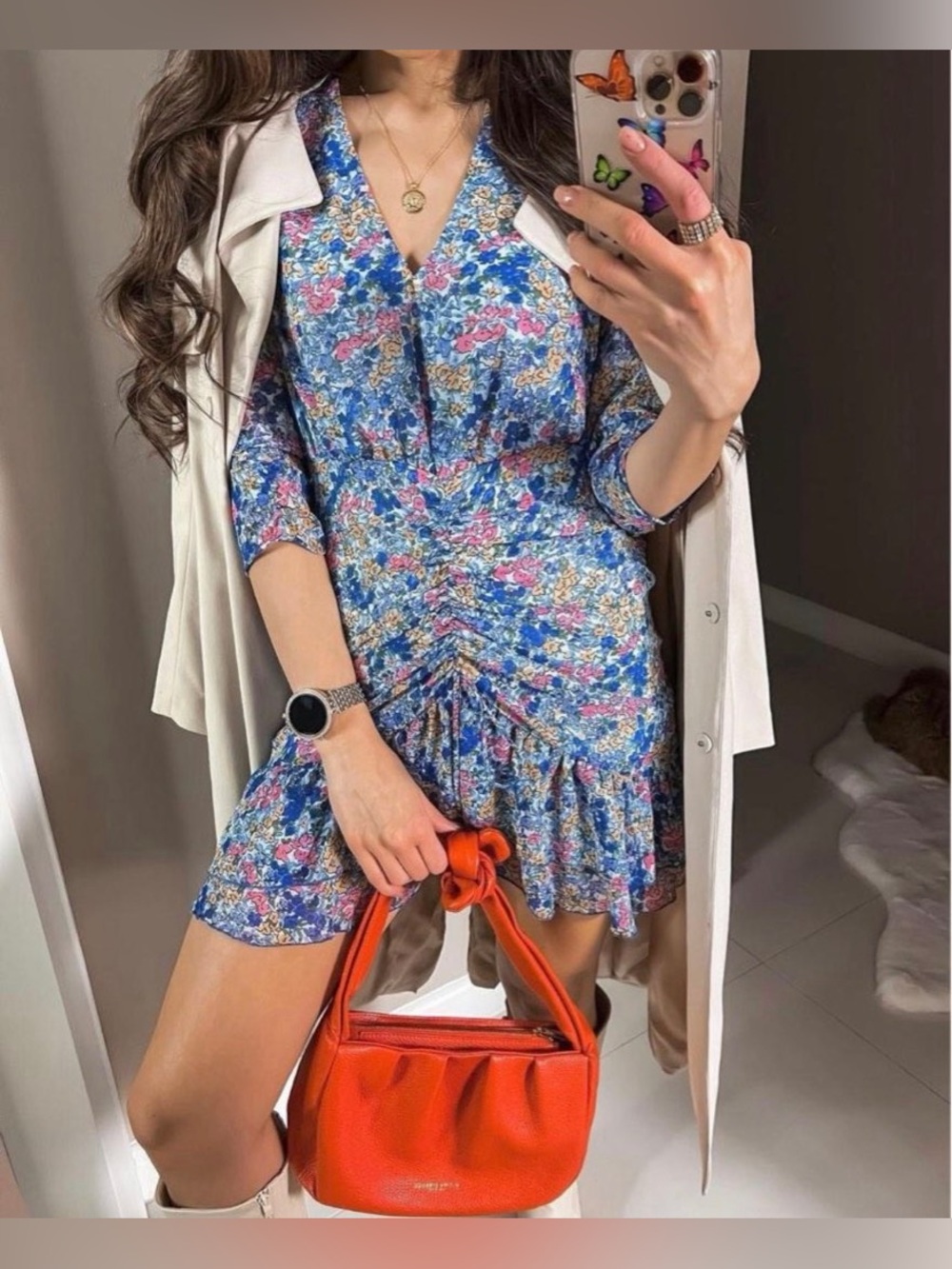 Zara Blogger favorite Blue Ditsy Floral Long Sleeve Ruffle Ruched Mini dress
